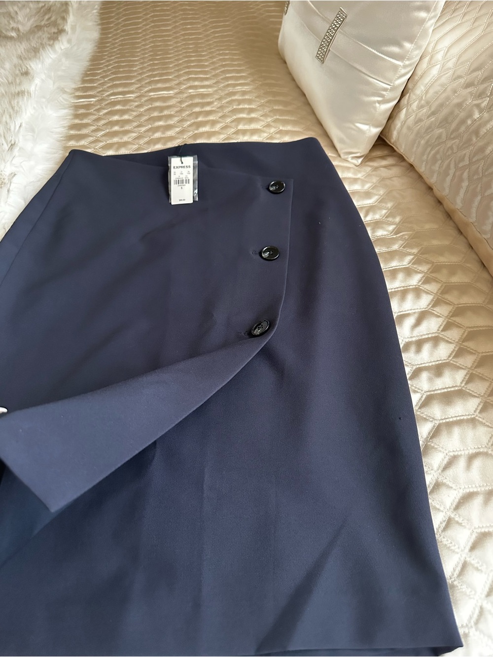 Express Navy Pencil Skirt with Button Detail - Picture 3 of 3